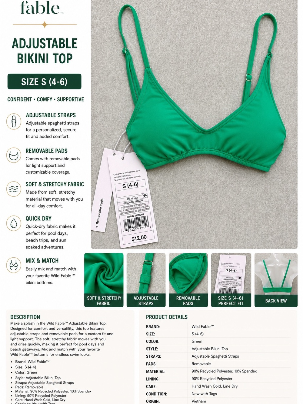 wild fable Green Adjustable Bikini Top